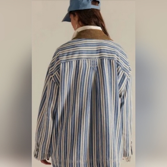 Free People Blue Striped Denim Barn Coat Jacket Corduroy Collar, M, Retail $248 - Picture 3 of 16